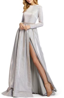 Mac Duggal Shimmer Long Sleeve Ballgown in White Ice