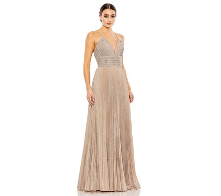 Mac Duggal Shimmer Pleated V-Neck Gown, Rose Go ld