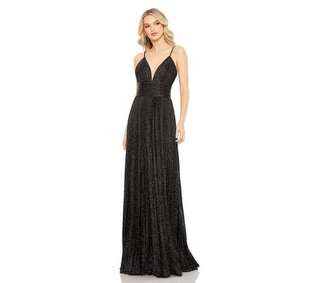 Mac Duggal Shimmer Pleated V-Neck Gown