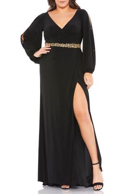 Mac Duggal Split Long Sleeve Jersey Gown in Black