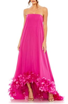 Mac Duggal Strapless Feather Hem High Low Gown in Fuchsia