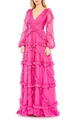 Mac Duggal Tiered Ruffle Long Sleeve Gown in Fuchsia at Nordstrom, Size 2