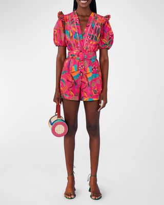 Macaw Party Printed Belted Romper