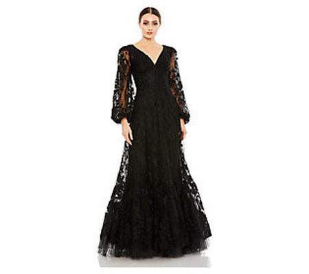 MacDuggal Embroidered Poet Sleeve Tiered A Line Gown