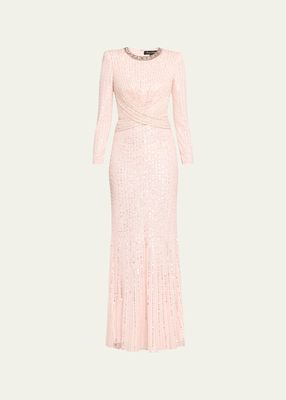 Macelline Sequined Crystal Crossover Long-Sleeve Gown