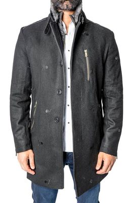 Maceoo Captainskull Embroidered Wool Blend Peacoat in Black