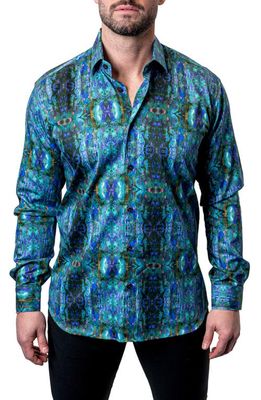 Maceoo Fibonacci Retro Multi Contemporary Fit Button-Up Shirt in Turquoise Multi