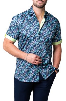 Maceoo Galileo Metric Short Sleeve Cotton Button-Up Shirt in Blue Multi