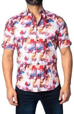 Maceoo Galileo Regular Fit Watercolor Short Sleeve Cotton Button-Up Shirt in Multi Pink