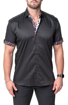 Maceoo Galileo Shiny Regular Fit Short Sleeve Button-Up Shirt in Black