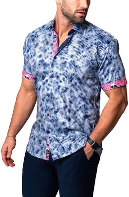 Maceoo Galileo Wave Short Sleeve Cotton Button-Up Shirt in Blue