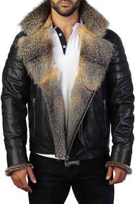 Maceoo Genuine Fox Fur Trim Leather Destroyer Jacket in Blue