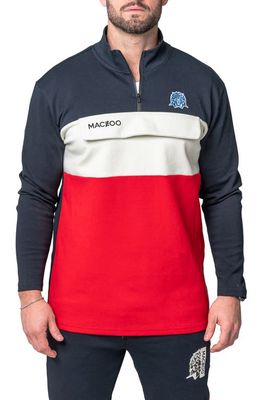 Maceoo Stealth Colorblock Half Zip Cotton Pullover in Blue