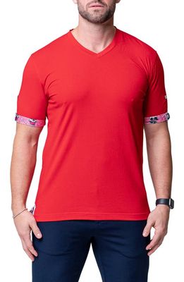 Maceoo Vivaldi Solid Ripple Red V-Neck Cotton T-Shirt