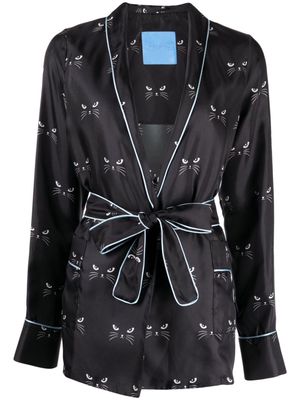 Macgraw cat-print silk robe - Black