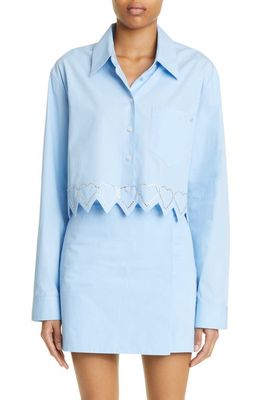 Mach & Mach Crystal Heart Trim Crop Cotton Button-Up Shirt in Baby Blue