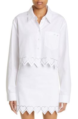 Mach & Mach Crystal Heart Trim Crop Cotton Button-Up Shirt in White