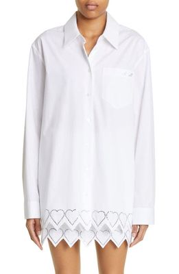 Mach & Mach Crystal Heart Trim Oversize Cotton Button-Up Shirt in White