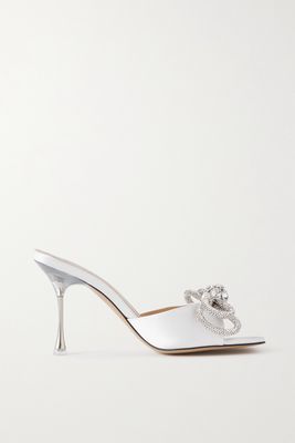MACH & MACH - Double Bow Crystal-embellished Satin Mules - White