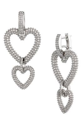 Mach & Mach Double Heart Crystal Drop Earrings in Silver-Tone