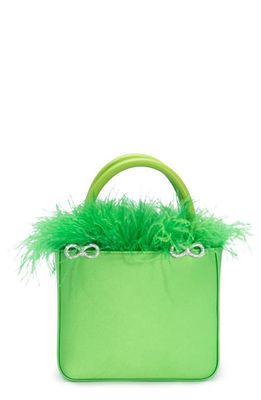 Mach & Mach Feather Trim Silk Satin Top Handle Bag in Green