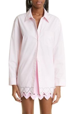 Mach & Mach Oversize Embellished Heart Trim Cotton Button-Up Shirt in Pink