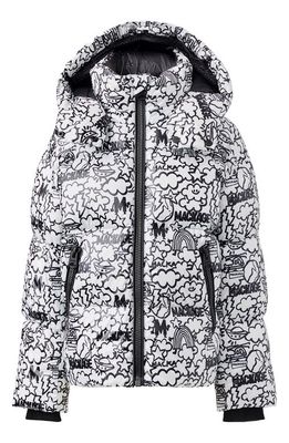 Mackage x Matthew Langille Kids' Jesse Water Repellent 800 Fill Power Recycled Down Jacket with Hood in White/Black Print