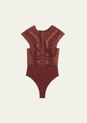 Macy Cap-Sleeve Microfiber & Lace Bodysuit