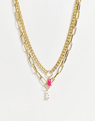 Madein chunky chain necklace in gold with a pink and white gummy bear charm