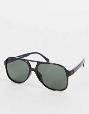 Madein classic aviator sunglasses in black with green lens