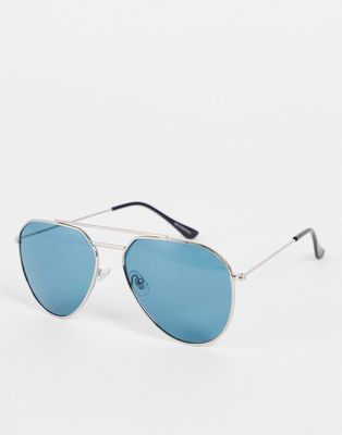 Madein classic aviator sunglasses in silver with blue lens