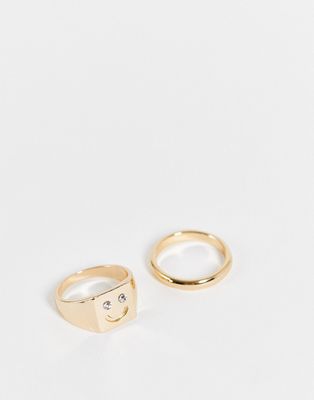 Madein happy face 2 pack gold chunky rings