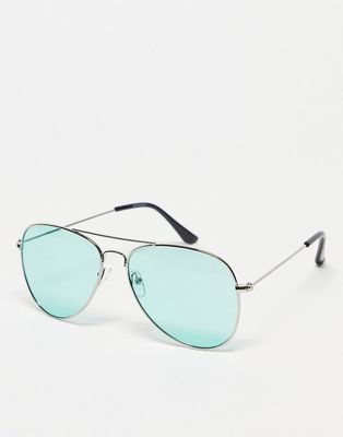 Madein metal frame aviator sunglasses in green-Silver