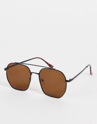 Madein metal frame slim aviator sunglasses in brown-Gold