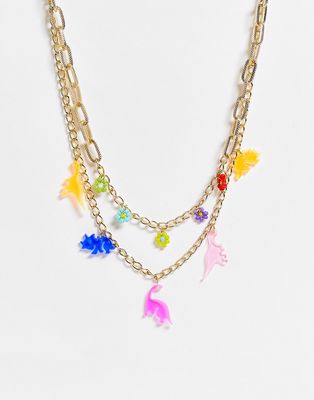 Madein two tier necklace in gold with resin charms in multicolors