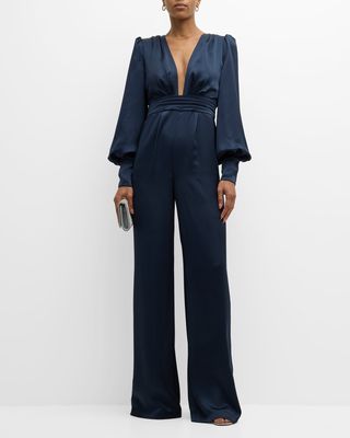 Madelane Pleated Deep V-Neck Jumpsuit