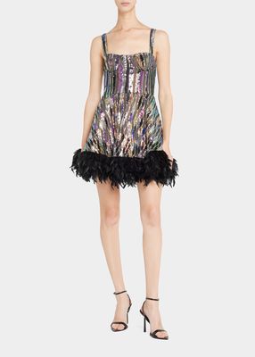 Mademoiselle Feather-Trim Sequin Mini Dress