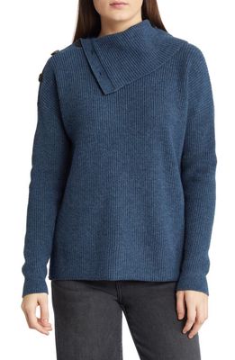 Madewell Button Shoulder Wool Blend Rib Turtleneck Sweater in Hthr Twilight