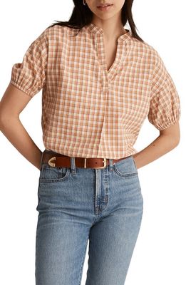 Madewell Crinkle Cotton Bubble Sleeve Popover Shirt in Check in Fauna