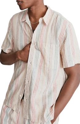 Madewell Easy Stripe Short Sleeve Linen Blend Button-Up Shirt in Antique Cream