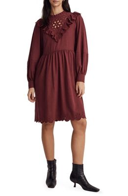 Madewell Embroidered Ruffled Flannel Minidress in Vintage Mulberry