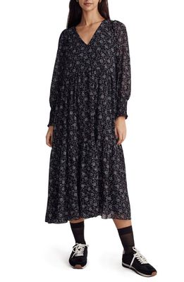 Madewell Enchanted Floral Long Sleeve Georgette V-Neck Tiered Midi Dress in Night Vision