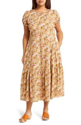 Madewell Flora Field Puff Sleeve Open Back Midi Dress in March Floral Sand