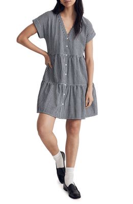 Madewell Gingham Check Cuff Sleeve Button Front Tiered Dress in Deep Indigo