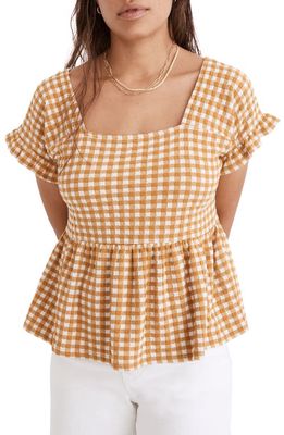 Madewell Gingham Knit Ruffle Hem Top in Antique Gold