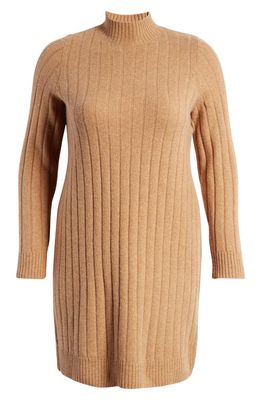 Madewell Long Sleeve Wool Blend Ribbed Sweater Dress in Heather Caramel