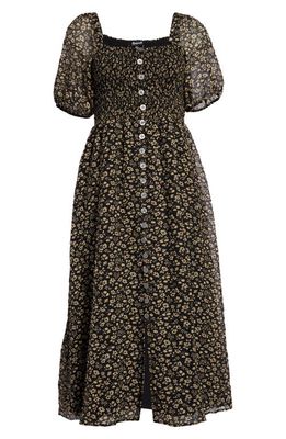 Madewell Lucie Floral Seersucker Smocked Midi Dress in True Black