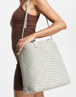 Madewell medium woven leather tote bag in gray-Green