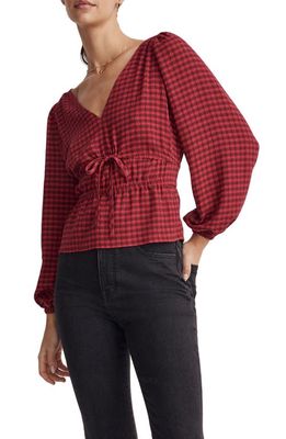 Madewell Plaid Crinkled V-Neck Peplum Top in Hibiscus