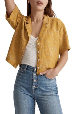 Madewell Resort Embroidered Linen Blend Crop Button-Up Shirt in Gilded Chartreuse